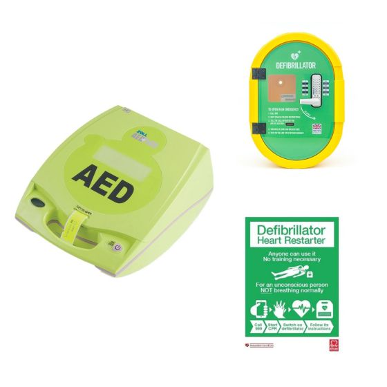 Image of the AED Plus semi automatic defibrillator and locked external DefibSafe 2 cabinet package
